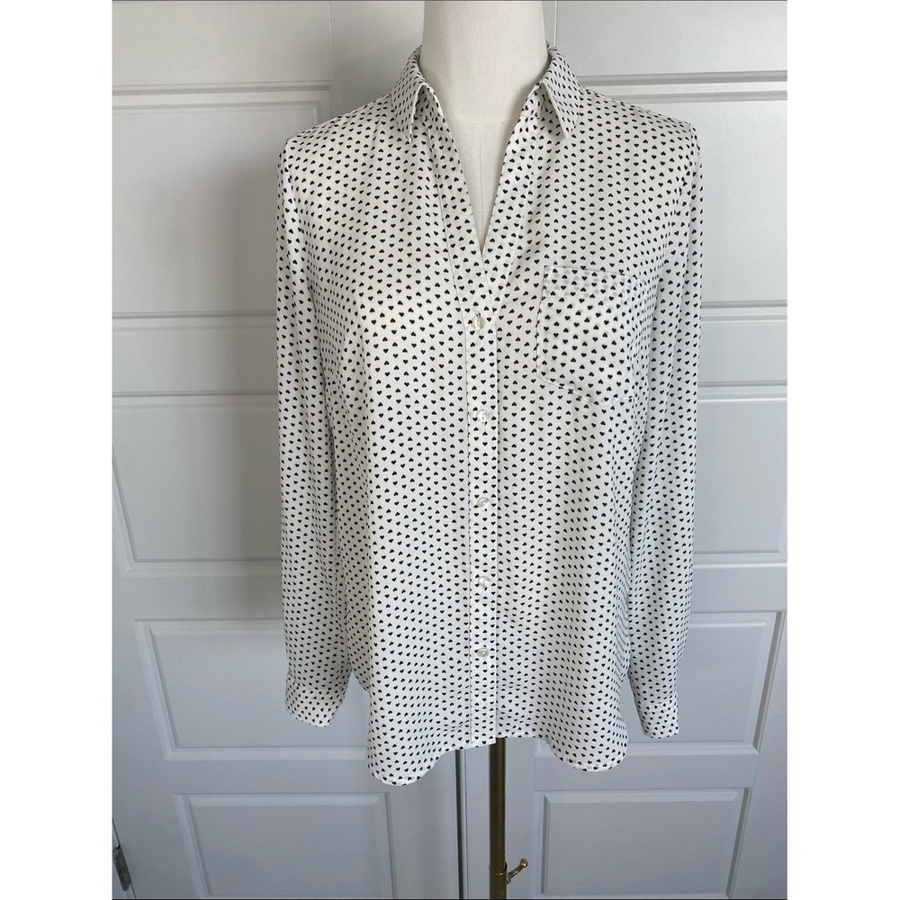 The Limited Ivory Black Heart Print Button Down Blouse Small